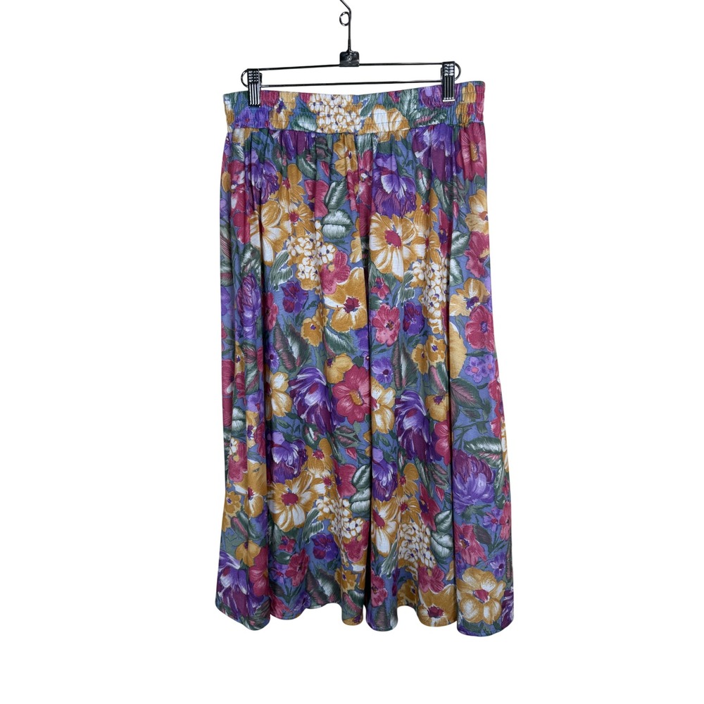 Vintage Floral Midi Skirt Purple Pink Gold Elastic Waist 90s Boho Size 12